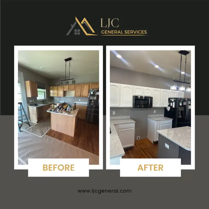 Kitchen cabinets shown before and after repainting