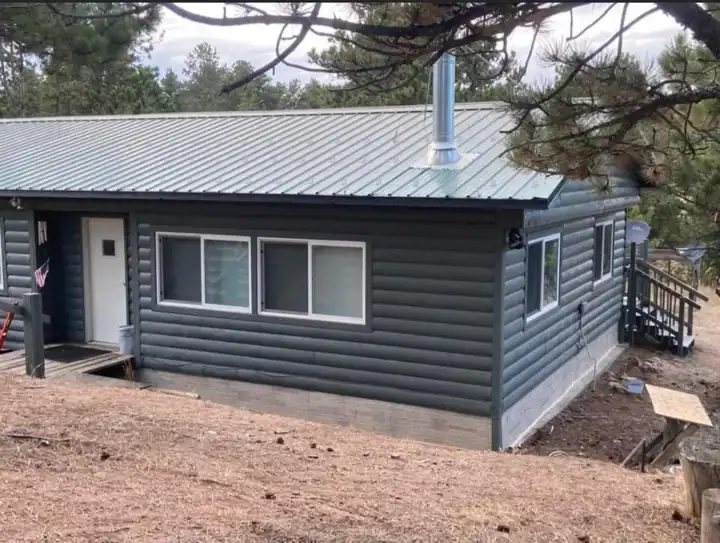 Dark grey log-style siding and a metal roof on a small cabin