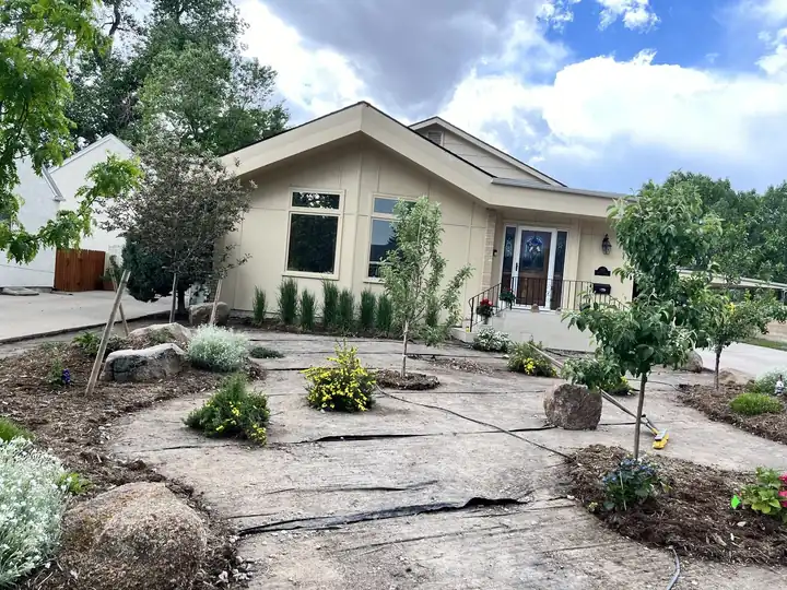 Front yard relandscaped with boulders, young trees and new plantings around a stone path