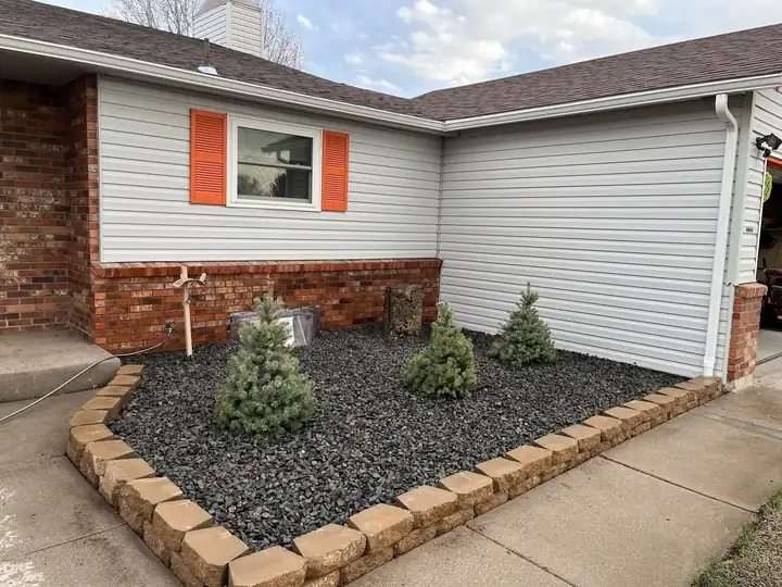 Black rock bed with three young spruce and block edging in front of a siding and brick house